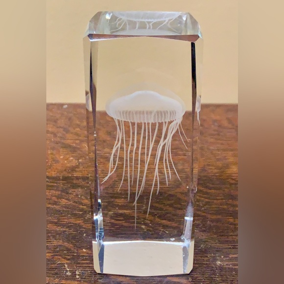 3D Jellyfish Etched Solid Faceted Lead Crystal Decorative Paperweight - Picture 6 of 16